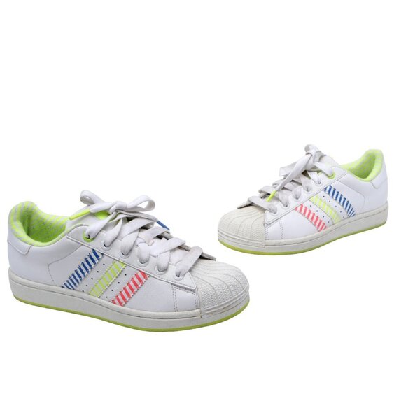 Adidas Superstar Leather Sneakers Running Shoes Neon Stripes Yellow Blue Red - Picture 12 of 12